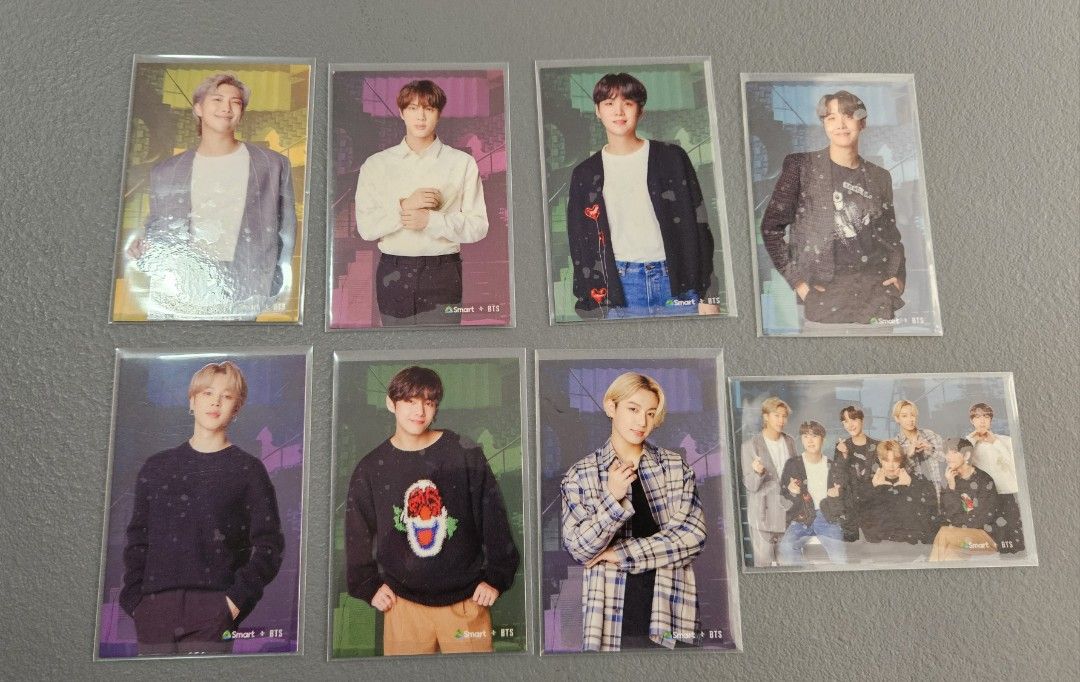 Smart x BTS photocards (COMPLETE SET) (Category: K-Wave Merchandise) located in Makati City. Submitted by mnlthriftbyrei (Listing ID 1470174176, Image 1). Description: Decluttering because I don't really collect photocards but for some reason, I acquired some. PCs are well taken cared of..