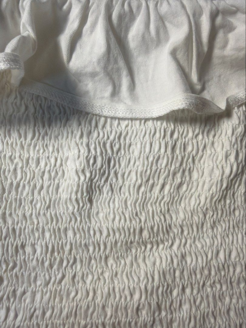 Stradivarius white off-shoulder top (Category: Others Tops) located in Manila. Submitted by danse.ph (Listing ID 1470335453, Image 2). Description: size: XS rfs: too small, never worn -white off-shoulder smocked crop top with ruffled details and short sleeves.
