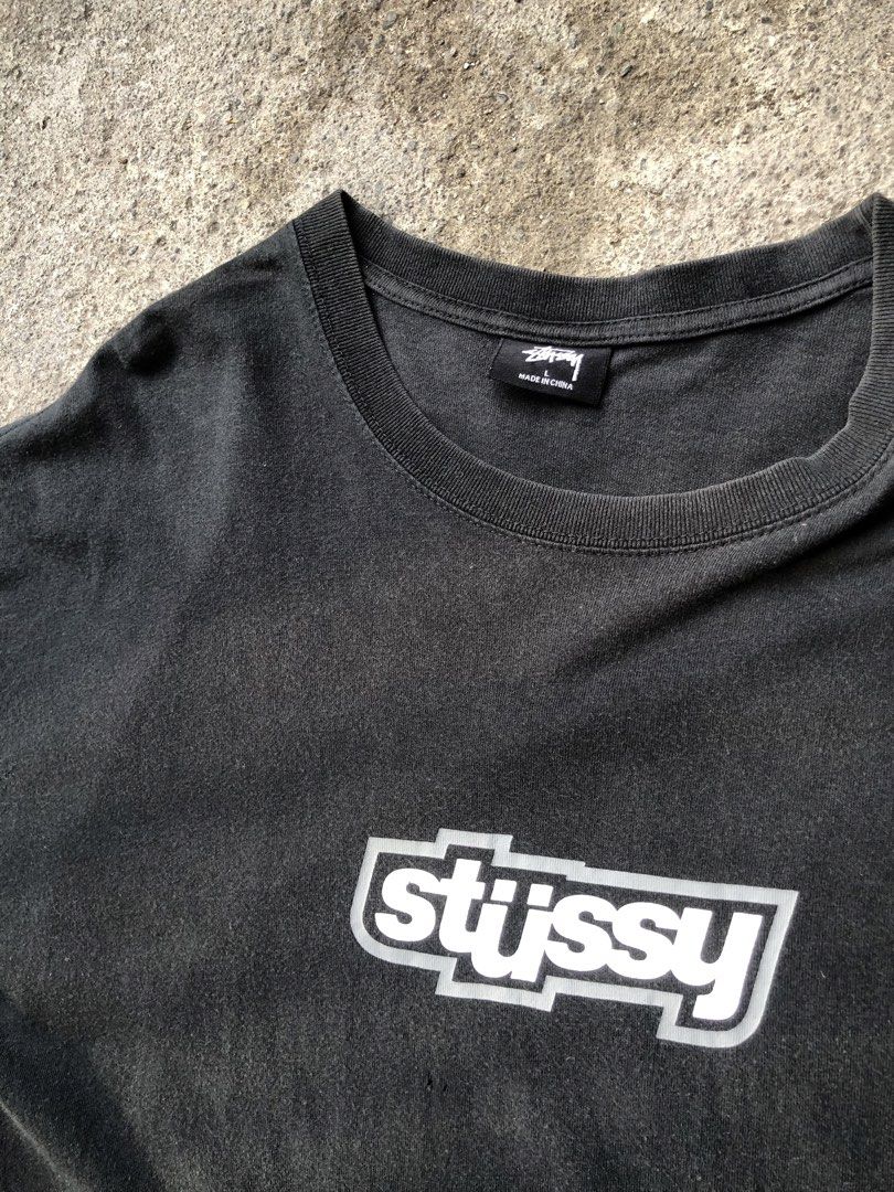 Stüssy Black Box Logo Tee Size L (Category: Tshirts & Polo Shirts ) located in Manila. Submitted by liam_thrift (Listing ID 1470270836, Image 2). Description: - Brand: Authentic Stüssy - Color: Faded black (nice vintage wash) - Design: Grey and white box logo on chest - Size: Large - Details: Inner care tags and side label intact - Material: Soft cotton, crew neck, short sleeves.