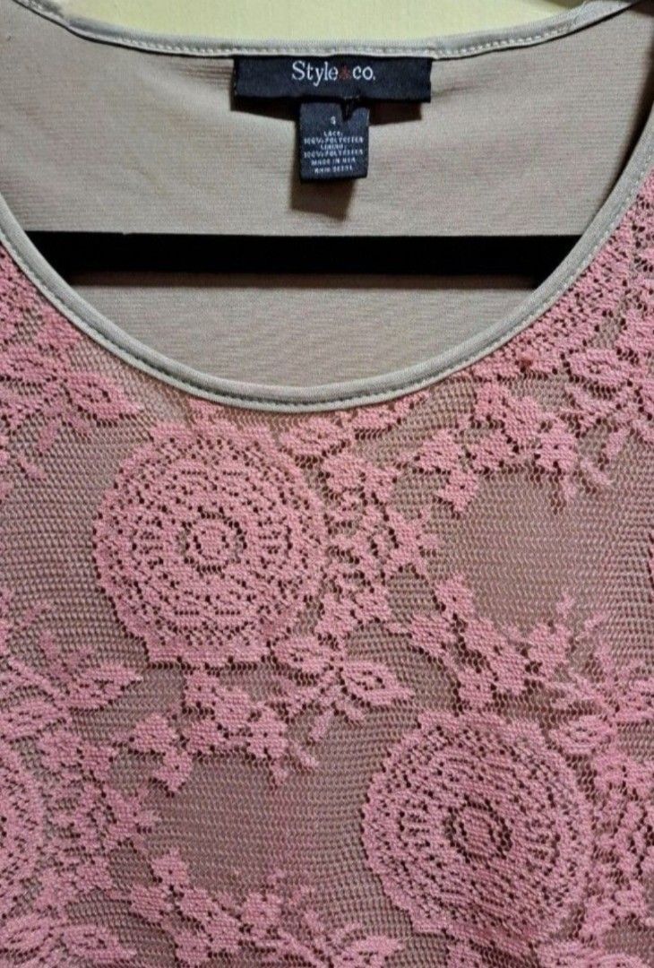 Style & Co. Lace Pink Blouse (Category: Blouses) located in Manila. Submitted by thrifter_lifestyle (Listing ID 1470166513, Image 3). Description: Brand: Style & Co. (bought in the US) Short Sleeve, Lace Material Tan skintone lining (except in sleeve area) Actual Color: Old Rose (see close up photo for lace design) Size tag says S, but can fit a M as its stretchable. No issues 😀 RFS: only worn once for a wedding, no need for it now..