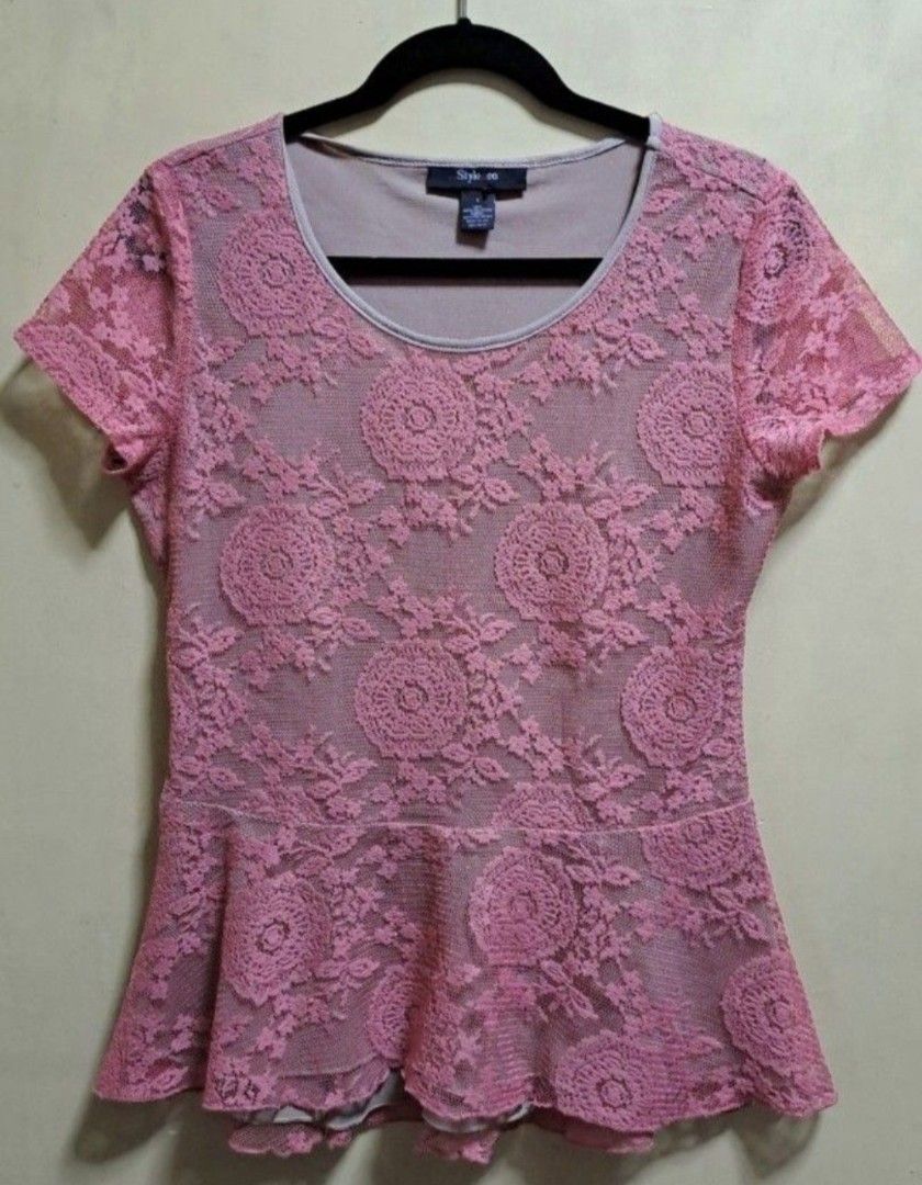 Style & Co. Lace Pink Blouse (Category: Blouses) located in Manila. Submitted by thrifter_lifestyle (Listing ID 1470166513, Image 1). Description: Brand: Style & Co. (bought in the US) Short Sleeve, Lace Material Tan skintone lining (except in sleeve area) Actual Color: Old Rose (see close up photo for lace design) Size tag says S, but can fit a M as its stretchable. No issues 😀 RFS: only worn once for a wedding, no need for it now..