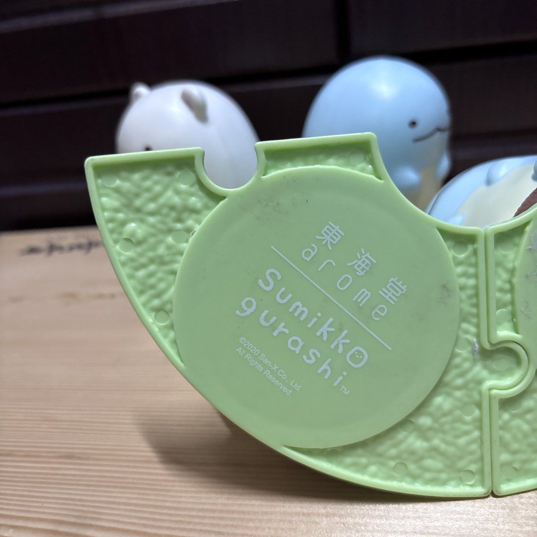 Sumikko Gurashi Arome Figures Set (Category: Designer & Blind Box Toys) located in Manila. Submitted by nero.ph (Listing ID 1470348354, Image 3). Description: - Set of 4 Sumikko Gurashi figures: Shirokuma, Penguin?, Tokage, and Lizard - Characters are seated on cute individual tree stump stands - Features an interlocking green puzzle base with 'Tokimeki Arome' and 2020 San-X copyright text - Pre-owned and displayed previously, but fully intact wi