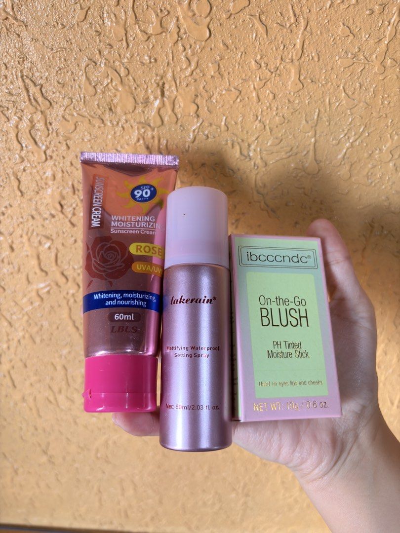 Sunscreen, Setting Spray and Blush Stick Bundle (Category: Makeup) located in Baguio. Submitted by declutterbycys (Listing ID 1470171805, Image 1). Description: - Brand new and unopened 3-piece beauty bundle - LBLS Whitening Moisturizing Sunscreen Cream SPF 90 (60ml) - Lakerain Mattifying Waterproof Setting Spray (60ml / 2.03 fl. oz.) - Ibcccndc On-the-Go Blush PH Tinted Moisture Stick (19g / 0.6 oz) in original box (Swatched only) - Travel-frien