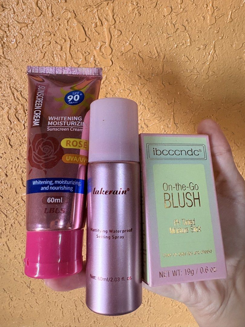 Sunscreen, Setting Spray and Blush Stick Bundle (Category: Makeup) located in Baguio. Submitted by declutterbycys (Listing ID 1470171805, Image 3). Description: - Brand new and unopened 3-piece beauty bundle - LBLS Whitening Moisturizing Sunscreen Cream SPF 90 (60ml) - Lakerain Mattifying Waterproof Setting Spray (60ml / 2.03 fl. oz.) - Ibcccndc On-the-Go Blush PH Tinted Moisture Stick (19g / 0.6 oz) in original box (Swatched only) - Travel-frien