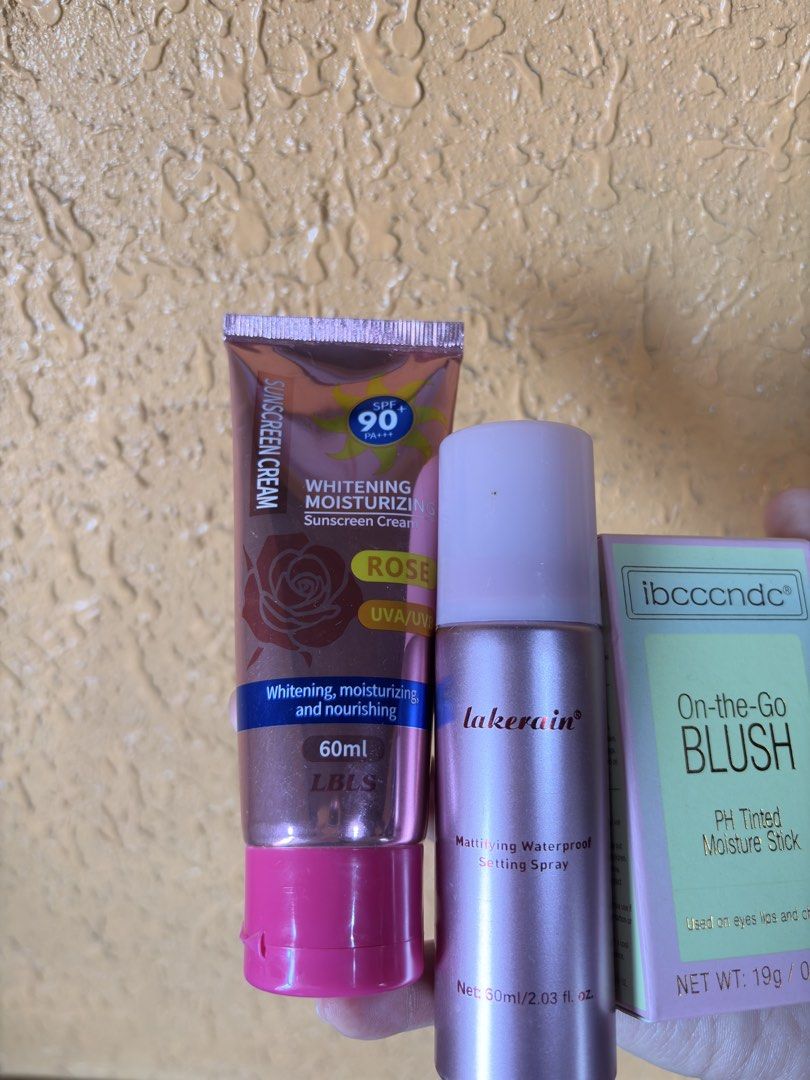 Sunscreen, Setting Spray and Blush Stick Bundle (Category: Makeup) located in Baguio. Submitted by declutterbycys (Listing ID 1470171805, Image 2). Description: - Brand new and unopened 3-piece beauty bundle - LBLS Whitening Moisturizing Sunscreen Cream SPF 90 (60ml) - Lakerain Mattifying Waterproof Setting Spray (60ml / 2.03 fl. oz.) - Ibcccndc On-the-Go Blush PH Tinted Moisture Stick (19g / 0.6 oz) in original box (Swatched only) - Travel-frien