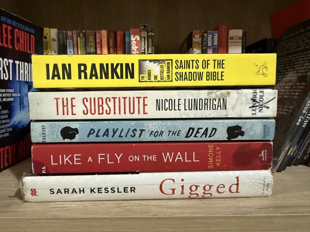 SUPER SALE: ₱75 EACH (Category: Storybooks) located in Manila. Submitted by vaultfinds (Listing ID 1470275037, Image 1). Description: Titles: 1. Gigged 2. Like a Fly on the Wall 3. Playlist for the Dead 4. Saints of the Shadow Bible 5. The Substitute ₱75 each ₱300 get all.