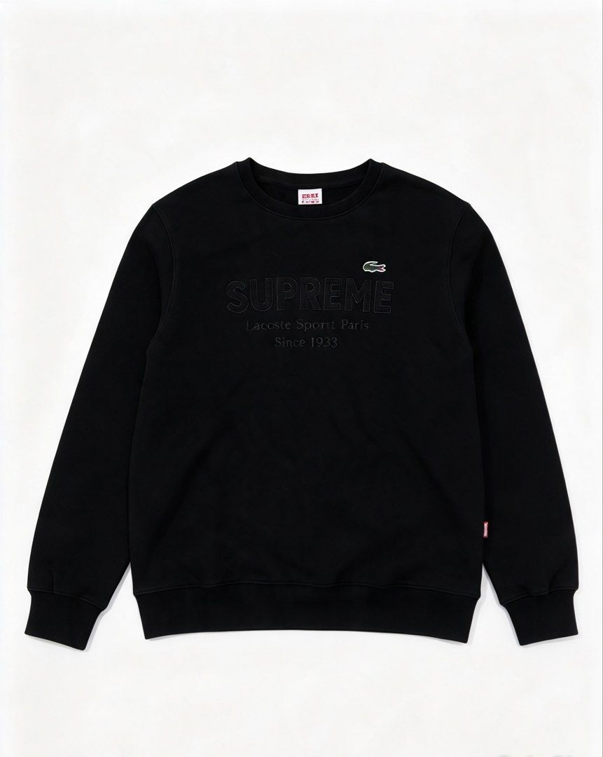 Supreme x Lacoste Live Black Sweatshirt (Category: Coats, Jackets and Outerwear) located in Caloocan City. Submitted by jerichotad22965 (Listing ID 1470194622, Image 1). Description: - Authentic Supreme x Lacoste Live black crewneck sweatshirt - Features embossed Supreme lettering across the chest - Detailed with Lacoste Sportif Paris embroidery and classic crocodile patch - Red branded collar tags and interior wash label intact - Material: 100% 