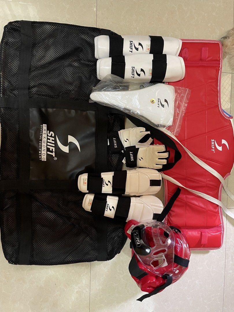 Taekwondo Sparring Gears (Category: Other Sports Equipment and Supplies) located in Manila. Submitted by atheena.17 (Listing ID 1470173149, Image 2). Description: TKD GEARS: Inclusions Body armour - size 2 Head gear (with face cover) - size M Arm guard - size M Shin guard - size M Groin guard (never been used) - size M Hand gloves (never been used) - size M Net bag rfs - not playing tkd na note : ilang beses lang na gamit sa training. negotiable 