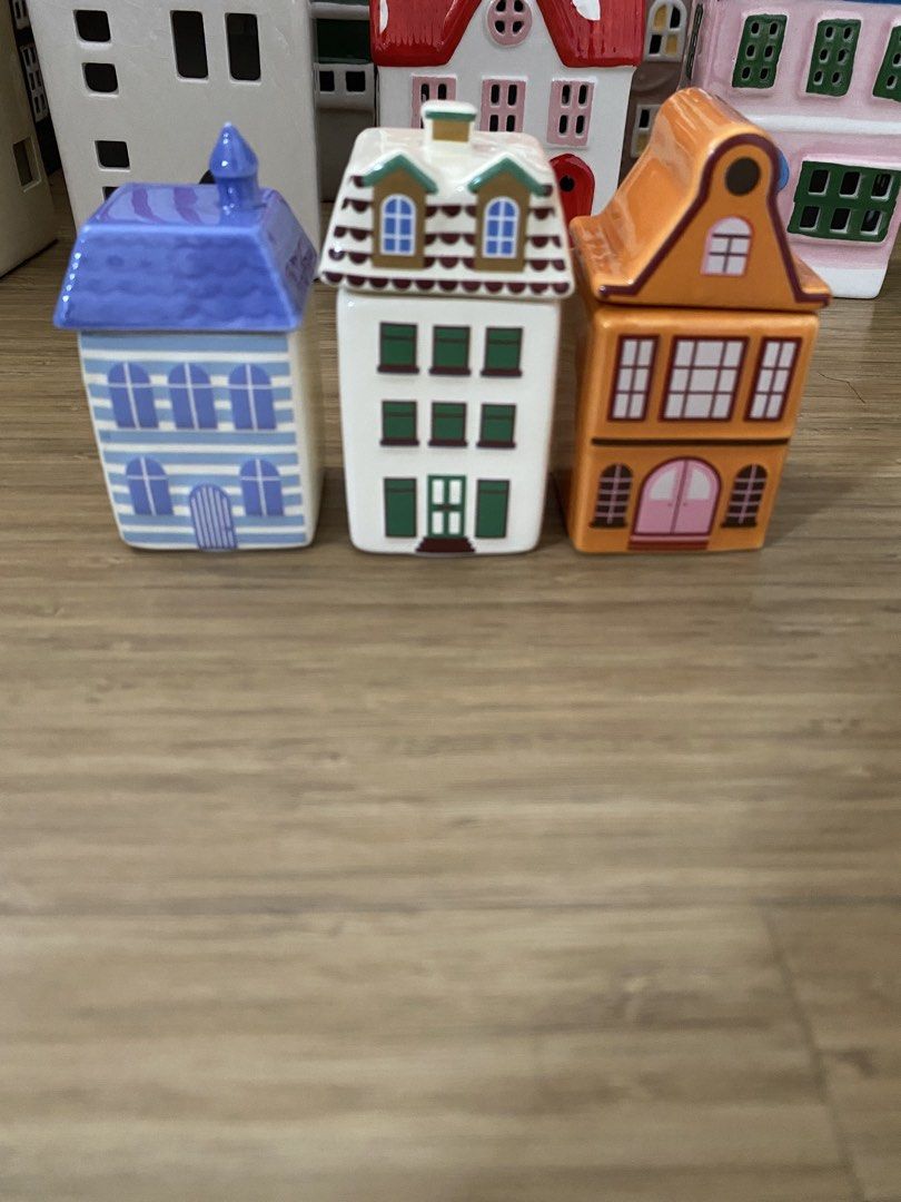 TAKE ALL Flying Tiger Spice Jar Ceramic Houses (Category: Figurines & Statues) located in Santa Rosa. Submitted by summerbrunch (Listing ID 1470169737, Image 1). Description: TAKE ALL BRAND NEW FLYING TIGER spice jar - Set of 3 ceramic miniature houses (Blue, White, and Orange) - Intricately painted windows and doors - Flat bases designed for easy tabletop display - Unused condition, safely stored in wrapping paper - Original price stickers still