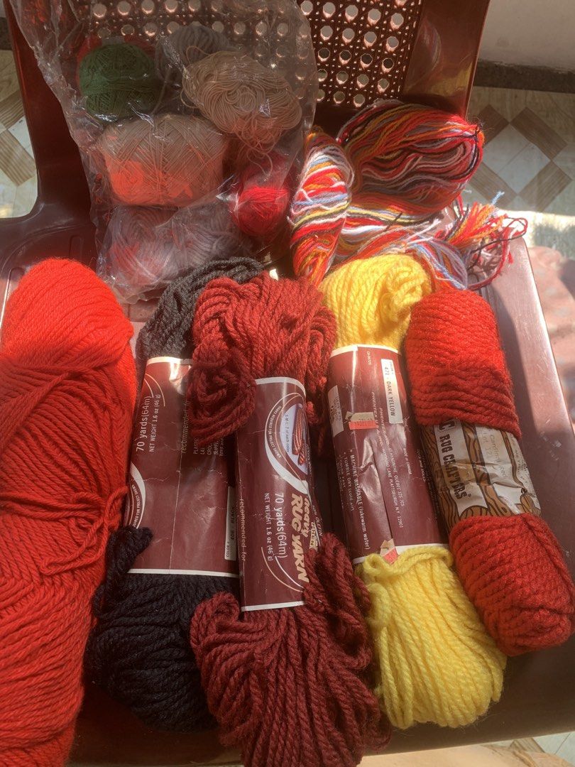 Take all yarns from USA (Category: Craft Supplies & Tools) located in Quezon City. Submitted by sojisup (Listing ID 1470168717, Image 2). Description: - Brand: Red Heart and Rug Crafters - Size: Standard 70-yard skeins, plus bonus bag of smaller balls and scraps - Colors: Bright red, dark yellow, black, brown, multi-color, green, and beige - Ideal for: Latch hook, rug making, and various DIY crafts - Condition: Great mixed bundle for your craft s
