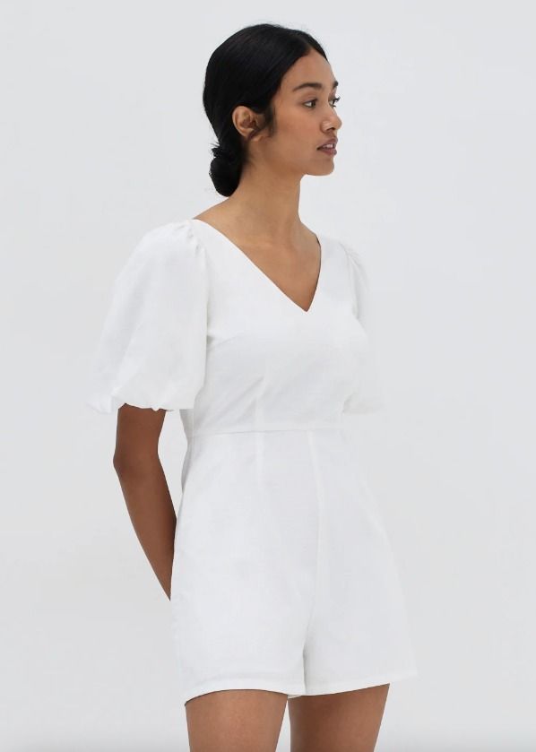 Taye Puff Sleeve Tie Back Romper (Category: Rompers) located in Manila. Submitted by sofia.uy7 (Listing ID 1470287340, Image 2). Description: BRAND NEW (never worn) Love, Bonito Taye Puff Sleeve Tie Back Romper Color: White Size: Medium Length: 30.5 inch Bust: 36 inch Waist: 28.5 inch Your favourite warm-weather style staple. Made from textured fabric, this casual romper features a V-neckline and is worn at a comfortable mini length. Accentuated 