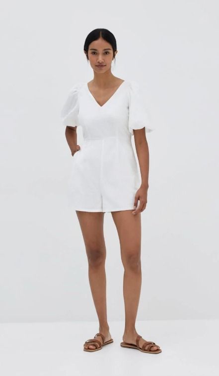 Taye Puff Sleeve Tie Back Romper (Category: Rompers) located in Manila. Submitted by sofia.uy7 (Listing ID 1470287340, Image 1). Description: BRAND NEW (never worn) Love, Bonito Taye Puff Sleeve Tie Back Romper Color: White Size: Medium Length: 30.5 inch Bust: 36 inch Waist: 28.5 inch Your favourite warm-weather style staple. Made from textured fabric, this casual romper features a V-neckline and is worn at a comfortable mini length. Accentuated 