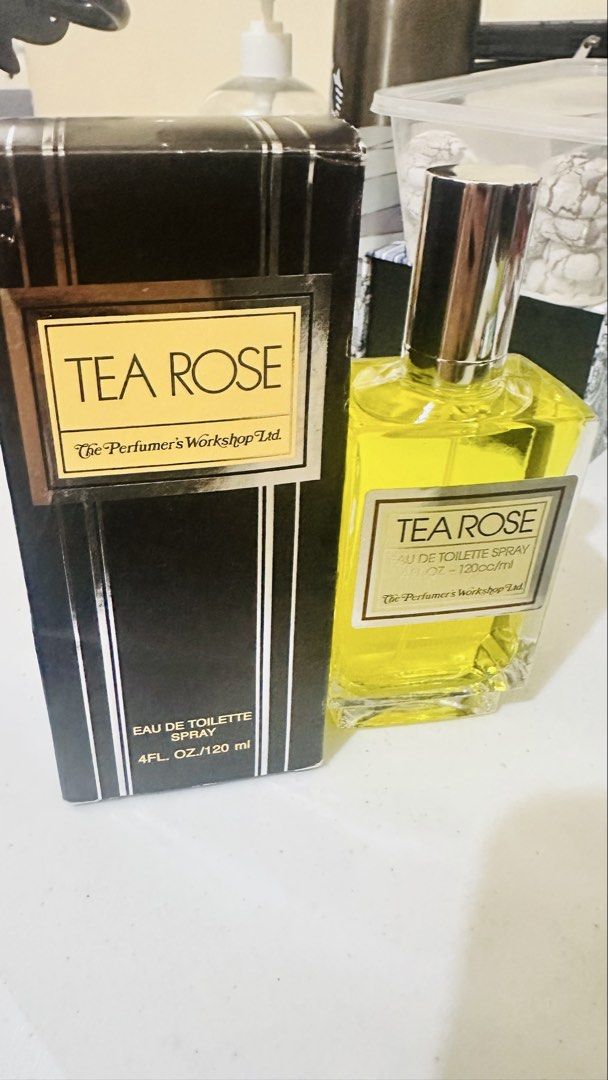 Tea Rose by The Perfumer's Workshop Eau de Toilette Spray 120ml (Category: Fragrance & Deodorants) located in Candelaria. Submitted by zillerortsac (Listing ID 1470215204, Image 1). Description: Original (USA Source) - Brand: The Perfumer's Workshop - Item: Tea Rose Eau de Toilette Spray - Volume: 4 fluid ounces / 120cc - Packaging: Includes original black and white striped box (minor shelf wear on corners) - Bottle: Clear glass with metallic sil