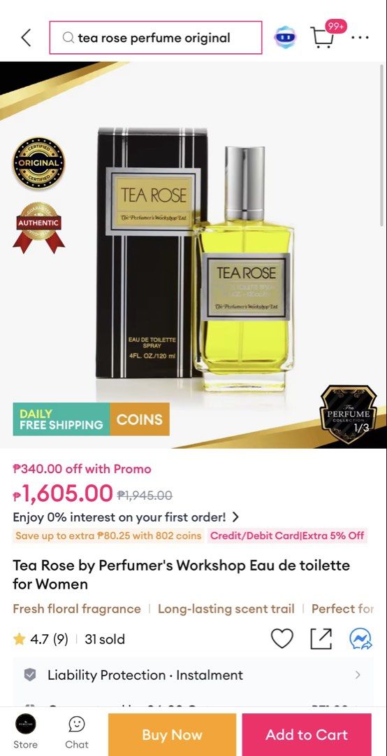 Tea Rose by The Perfumer's Workshop Eau de Toilette Spray 120ml (Category: Fragrance & Deodorants) located in Candelaria. Submitted by zillerortsac (Listing ID 1470215204, Image 3). Description: Original (USA Source) - Brand: The Perfumer's Workshop - Item: Tea Rose Eau de Toilette Spray - Volume: 4 fluid ounces / 120cc - Packaging: Includes original black and white striped box (minor shelf wear on corners) - Bottle: Clear glass with metallic sil