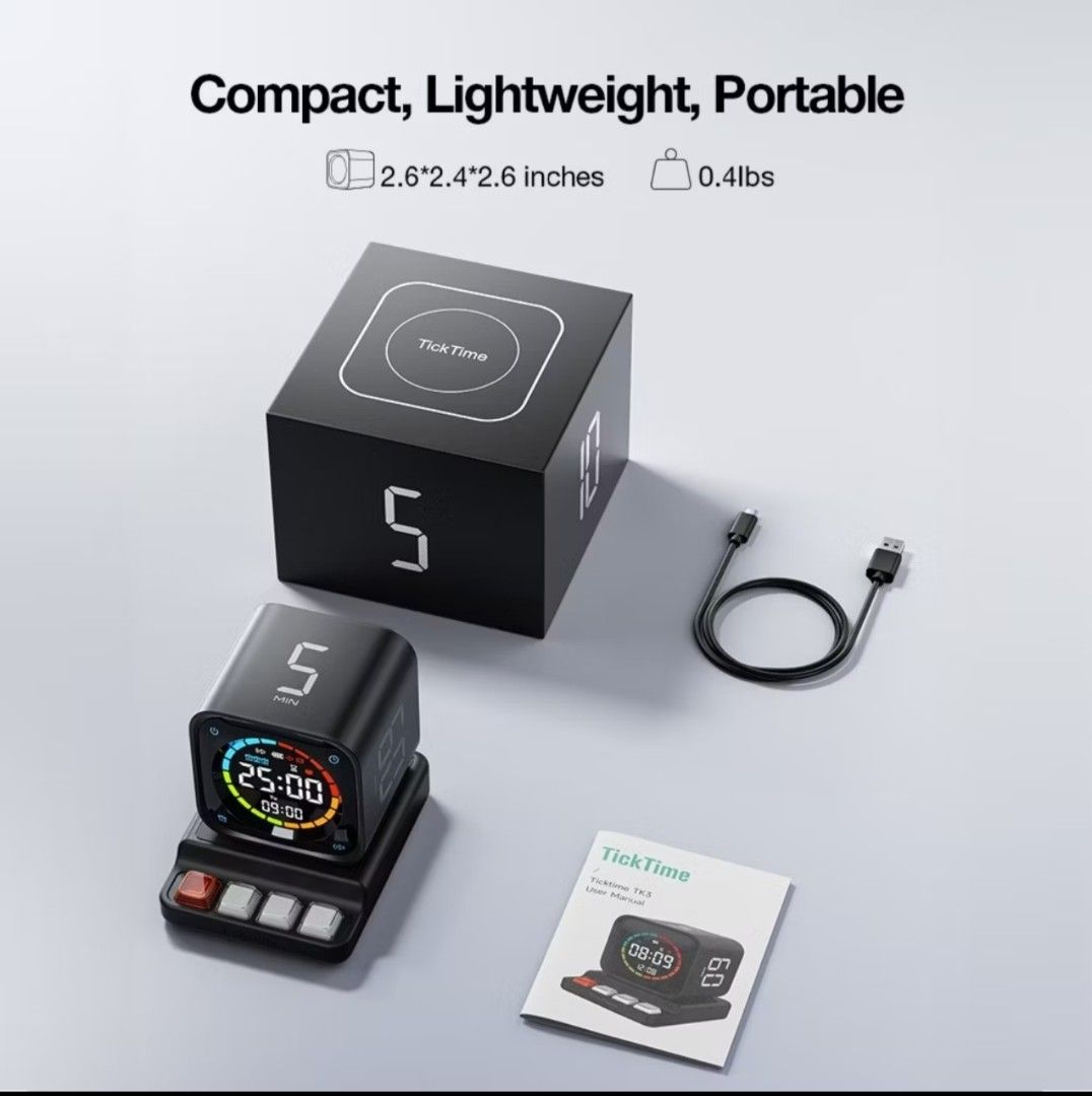 TickTime Digital Timer Cube Rechargeable Countdown Clock (Category: Clocks) located in Singapore. Submitted by pavan_ic (Listing ID 1470333061, Image 2). Description: - Product: TickTime Wireless Digital Timer Cube - Perfect for: Studying, cooking, workouts, and productivity - Key Features: Large colorful display, 3 alarms, Pomodoro mode, clock, and day of week - Quick Presets: 5, 10, 30, and 60 minutes on each side - Battery: 1400mAh rechargeabl