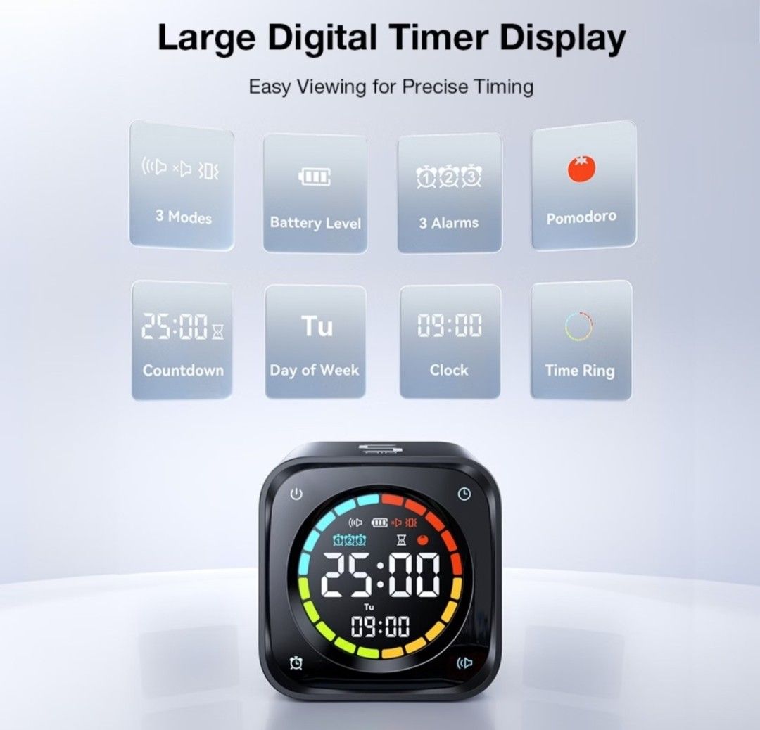 TickTime Digital Timer Cube Rechargeable Countdown Clock (Category: Clocks) located in Singapore. Submitted by pavan_ic (Listing ID 1470333061, Image 1). Description: - Product: TickTime Wireless Digital Timer Cube - Perfect for: Studying, cooking, workouts, and productivity - Key Features: Large colorful display, 3 alarms, Pomodoro mode, clock, and day of week - Quick Presets: 5, 10, 30, and 60 minutes on each side - Battery: 1400mAh rechargeabl