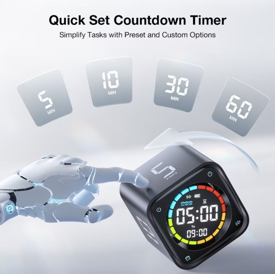 TickTime Digital Timer Cube Rechargeable Countdown Clock (Category: Clocks) located in Singapore. Submitted by pavan_ic (Listing ID 1470333061, Image 3). Description: - Product: TickTime Wireless Digital Timer Cube - Perfect for: Studying, cooking, workouts, and productivity - Key Features: Large colorful display, 3 alarms, Pomodoro mode, clock, and day of week - Quick Presets: 5, 10, 30, and 60 minutes on each side - Battery: 1400mAh rechargeabl