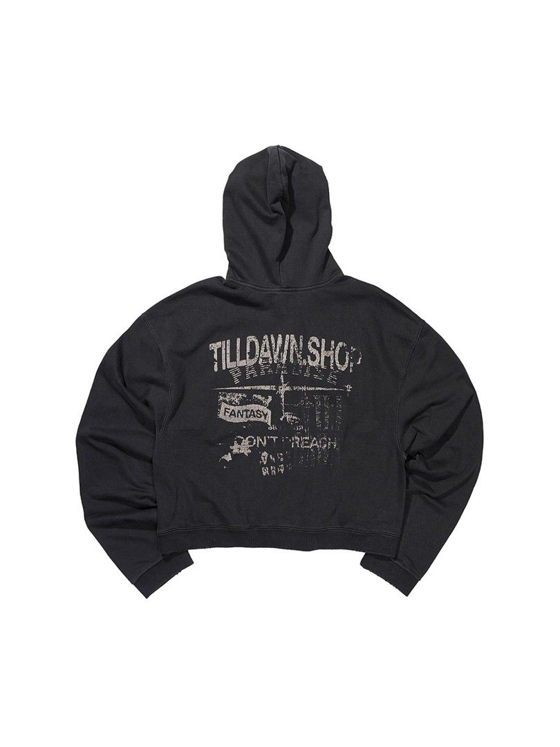 TILLDAWN Distressed Hoodie (Category: Hoodies) located in Ozamiz City. Submitted by outregrails (Listing ID 1470203600, Image 2). Description: Excellent condition Yung distressing sa cuffs sa hem at sa hoodie is design nya mismo, please refer sa last 2 pics for when worn Best fits large para ma achieve yung oversized na oversized look at fit ng hoodie. Can fit to xl also Dimes 25.5 by 27.
