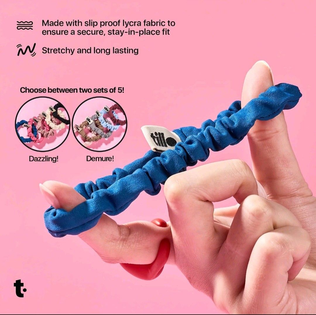 tillo Millie Scrunchie Set (Category: Hair Accessories) located in Pasig City. Submitted by samjavxx (Listing ID 1470307311, Image 3). Description: Brand new, SRP P499/each set of 5 get both for P400 total :) Buyer to shoulder delivery via grab/lalamove. Pick up point in Ortigas Pasig - Brand new and sealed in original packaging - 10cm circumference with super stretchy fit - Made from slip-proof lycra fabric with a cute tiny logo tag - Guaranteed