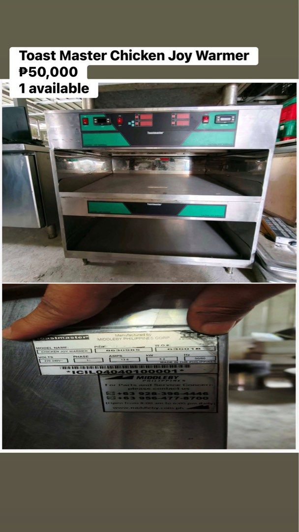 Toastmaster Chicken Joy Warmer (Category: Cookware & Accessories) located in General Trias. Submitted by edva06 (Listing ID 1470266777, Image 1). Description: - Item: Toastmaster Chicken Joy Warmer (Heavy-Duty Commercial Equipment) - Model / PID / WO: CHICKEN JOY WARMER / PID 8630985 / WO 636018 - Power Specs: 220-240V, 1 Phase, 13.6 Amps, 3.2 kW, 50/60 Hz - Manufacturer: Middleby Philippines Corp. - Design: Durable stainless steel body with 2 sp