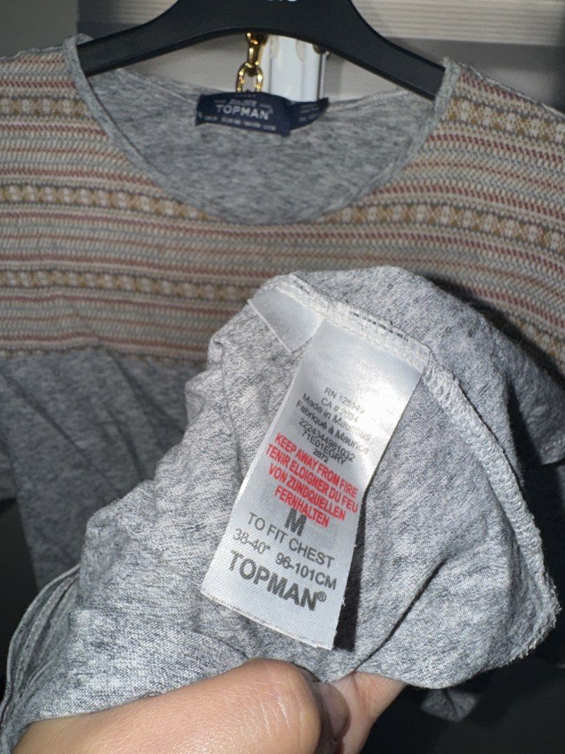 Topman Grey Patterned Short Sleeve T-Shirt Size M (Category: Tshirts & Polo Shirts ) located in La Trinidad. Submitted by prelovedandfindsbyji (Listing ID 1470234998, Image 3). Description: - Brand: Topman - Style: Short sleeve crew neck t-shirt - Color: Heather grey with earth-tone patterned chest panel and red stitching detail - Size: M (Fits 38-40 inch chest / EUR 96-101 cm) - Origin: Made in Mauritius - Condition: Excellent, clean, no stains 