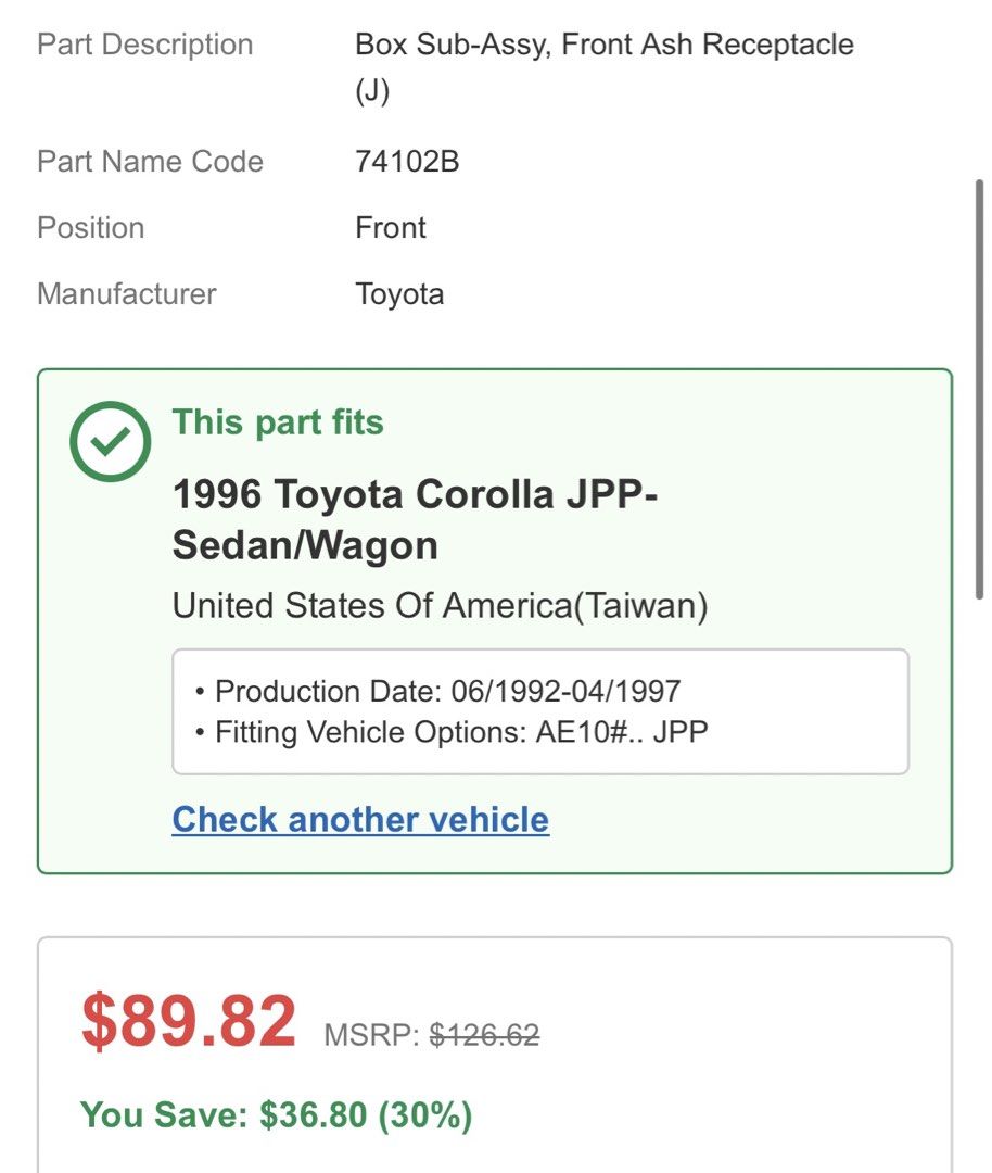 Toyota Corolla ash tray (original) (Category: Upholstery, Seatcovers and Other Interior Parts and Accessories) located in Cainta. Submitted by j.c.v_68 (Listing ID 1470280445, Image 3). Description: 100% original/authentic 💯 Toyota Corolla ash tray For 1993-1997 model Color: black .