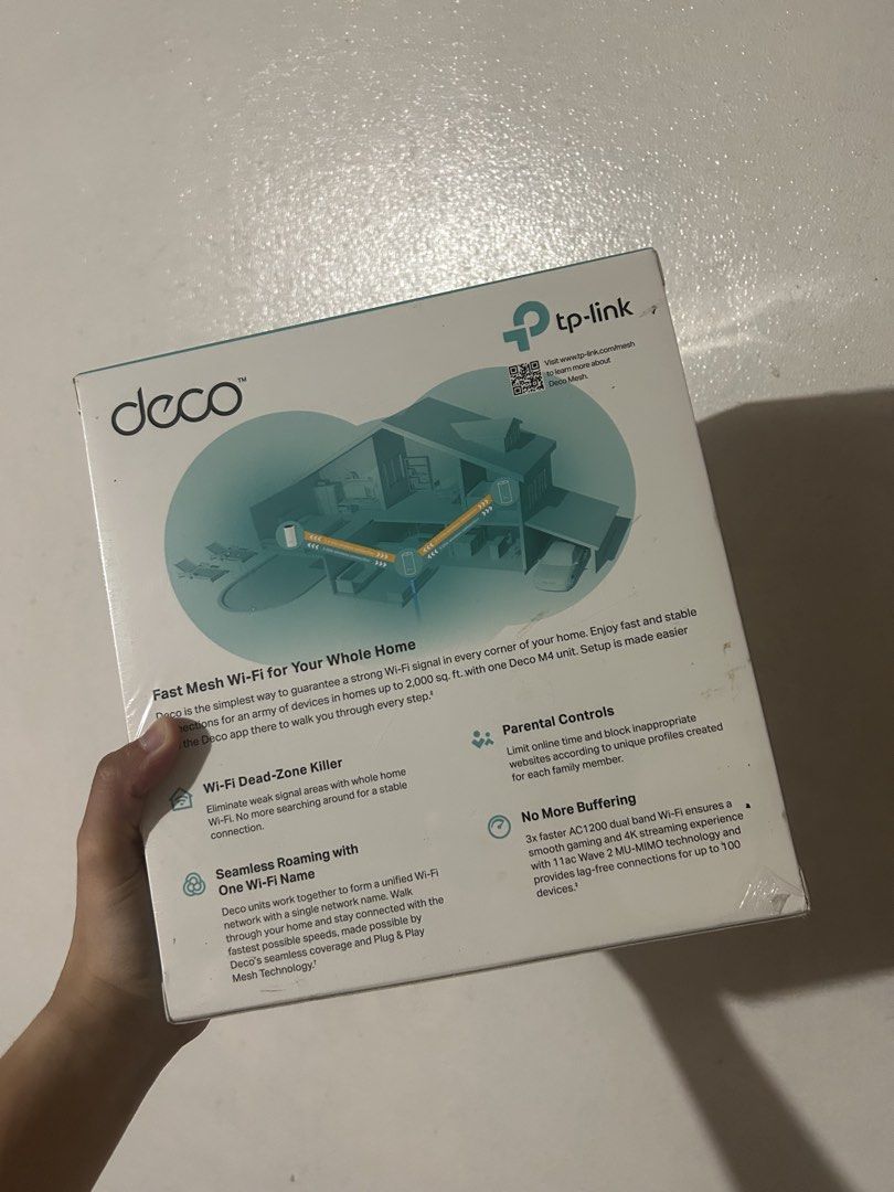 TP-Link Deco M4 AC1200 Whole Home Mesh Wi-Fi Unit (Category: Networking) located in Manila. Submitted by itskyangeles (Listing ID 1470347724, Image 2). Description: - Brand new & 100% sealed: Original plastic wrap still completely intact - Whole-home coverage: Eliminates weak signal areas and covers up to 2,000 sq ft - Dual-band speeds: Fast AC1200 performance for seamless streaming and gaming - Flexible setup: Works as a standalone router or an 