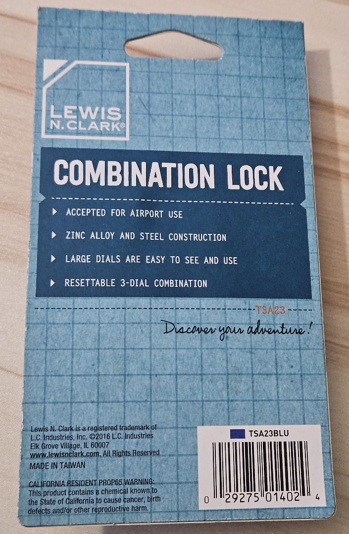 TSA Approved Combination Lock (Category: Locks, Doors & Gates) located in Makati City. Submitted by KuWeLaDevil01 (Listing ID 1470228602, Image 3). Description: - Lewis N. Clark (Model: TSA23BLU) - Blue - Brand new, unopened in original packaging - TSA Accepted: Allows airport security to inspect luggage without damaging the lock - Durable Build: Made with strong zinc alloy and steel - Easy to Use: Large, easy-to-read dials with a resettable 3-di