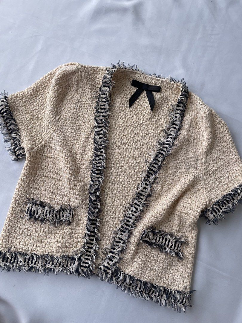 Tweed Cardigan (Category: Blouses) located in Subic. Submitted by sleevesandbottoms (Listing ID 1470316249, Image 1). Description: Tweed Cardigan ₱250 plus shipping fee Butter Yellow | Small 🚚J&T Olongapo City.