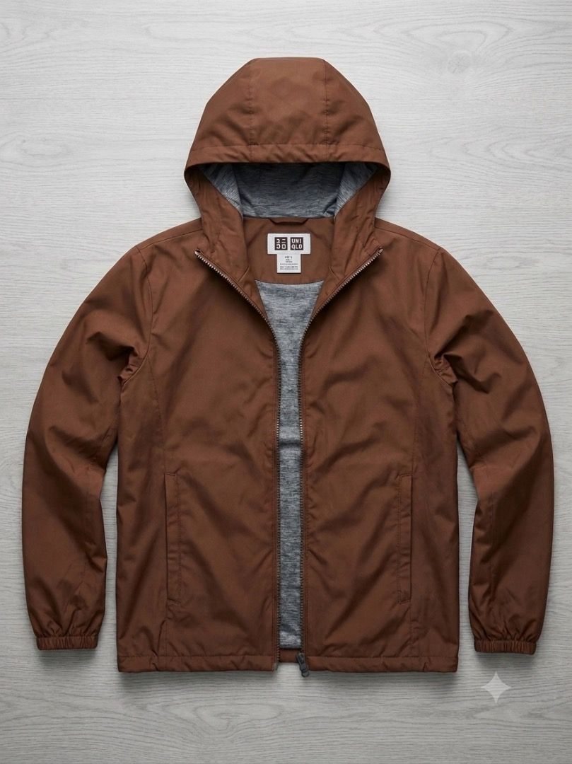 Uniqlo Brown Hooded Jacket with Grey Lining (Category: Coats, Jackets and Outerwear) located in Caloocan City. Submitted by buritomma (Listing ID 1470158252, Image 1). Description: - Brand: Uniqlo - Color: Brown with grey heather lining - Closure: Full zip front - Pockets: Two built-in side pockets - Details: Ribbed cuffs for a snug fit - Style: Lightweight everyday jacket.