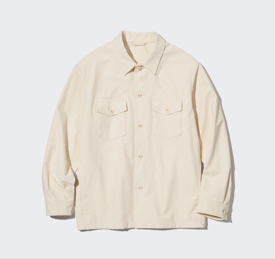 UNIQLO Cream Utility Overshirt / Jacket (Category: Coats, Jackets and Outerwear) located in Manila. Submitted by buymiclothes.47 (Listing ID 1470335753, Image 1). Description: UNIQLO Cream Utility Overshirt / Jacket | Size S Preloved UNIQLO long-sleeve overshirt in an off-white/cream color 🤍 * Size S * Button-front closure * Two flap chest pockets * Collared neckline * Long sleeves with button cuffs * Structured cotton-blend fabric * Can be worn