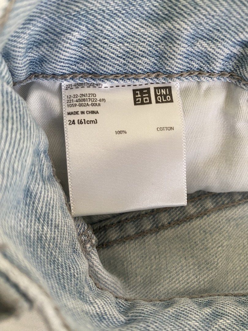 Uniqlo Distressed Denim Skort Size 24 (Category: Skirts) located in Calamba. Submitted by aninmilo (Listing ID 1470189876, Image 2). Description: - Brand: Uniqlo - Item: Distressed denim skort - Color: Light blue wash - Size: 24 (61cm waist) - Material: 100% cotton - Design: Wrap front with raw hem and ripped accents - Measurements: ~14 inches across the waist, ~14.5 inches in length - Condition: Great everyday piece.