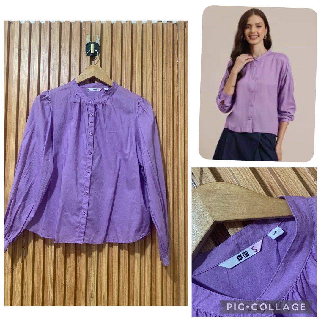 Uniqlo Purple Long Sleeve Button Down Blouse Size S (Category: Longsleeves) located in Koronadal. Submitted by girlish1105 (Listing ID 1470345652, Image 1). Description: - Brand: Uniqlo - Color: Purple - Size: S - Style: Mandarin collar, front button closure, gathered shoulders, and button cuffs - Material: Lightweight and easy to pair with skirts or trousers.
