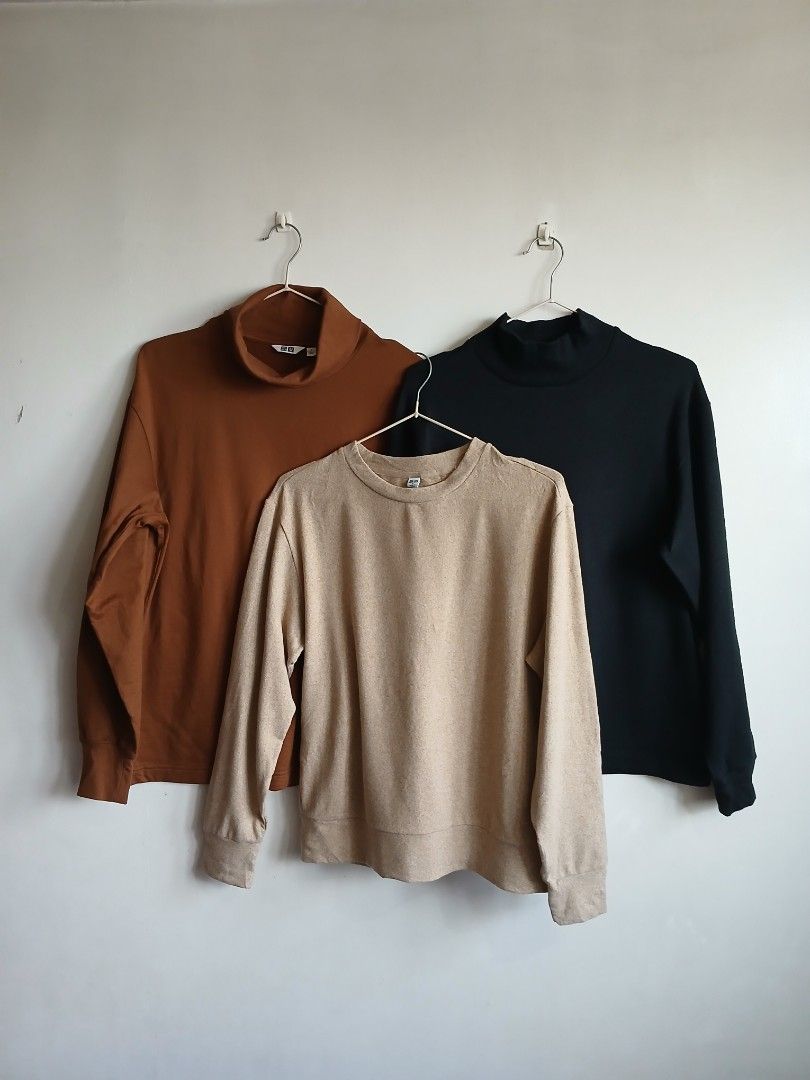 Uniqlo Turtle Neck and Crew Neck Oversized Longsleeves Bundle Take All SMALL (Category: Longsleeves) located in Quezon City. Submitted by hzl_praise (Listing ID 1470240721, Image 1). Description: 3 for 650 | Small Oversized Bundle Uniqlo Turtle Neck Longsleeves Color: Brown (Size: Small on tag) Uniqlo Crew Neck Cotton Knitted Longsleeves Color: Light Brown (Size: Small on tag) Uniqlo Mock Neck Heavy Cotton Color: Black (Size: Small on tag) All It