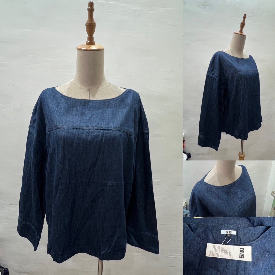 Uniqlo U Denim Long Sleeve Blouse (Category: Longsleeves) located in Bacolod City. Submitted by bhabissagal-05763 (Listing ID 1470288864, Image 1). Description: - Brand: Uniqlo U - Item: Denim blouse - Color: Dark blue - Condition: Brand new with original store tags attached - Design: Boat neckline, long sleeves, and dropped shoulders - Fit: Relaxed boxy cut with a straight hem - Material: Lightweight and comfortable denim.