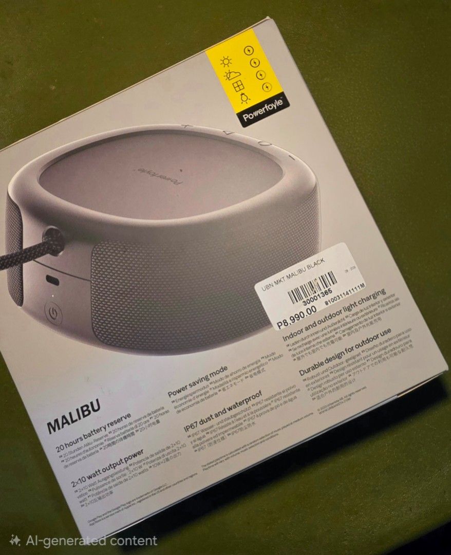 Urbanista Malibu Portable Bluetooth Speaker (Category: Soundbars, Speakers & Amplifiers) located in Manila. Submitted by abi1ng (Listing ID 1468447288, Image 2). Description: The Urbanista Malibu is a portable, rugged Bluetooth speaker that recharges itself using integrated Powerfoyle solar cell technology from indoor or outdoor light sources. Key Features • Power & Solar Charging: Features a 20W output (dual 10W drivers) and a built-in Exeger Po