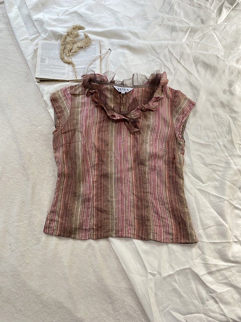 Vanex Vintage Striped Ruffle Collar Top Small-Medium 36 (Category: Blouses) located in Poro. Submitted by joyceyuu (Listing ID 1470165415, Image 1). Description: - Brand: Vanex - Design: Multi-color vertical stripes (brown, pink, and cream) - Neckline: Ruffled mesh collar with cap sleeves - Fit: Tailored through the bodice for a flattering silhouette - Fabric: Lightweight and comfortable - Condition: Tag shows brand and size clearly.