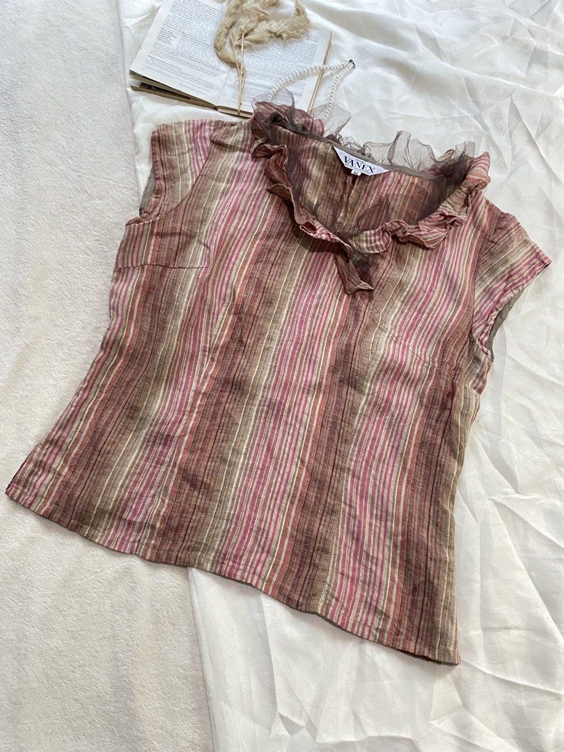 Vanex Vintage Striped Ruffle Collar Top Small-Medium 36 (Category: Blouses) located in Poro. Submitted by joyceyuu (Listing ID 1470165415, Image 2). Description: - Brand: Vanex - Design: Multi-color vertical stripes (brown, pink, and cream) - Neckline: Ruffled mesh collar with cap sleeves - Fit: Tailored through the bodice for a flattering silhouette - Fabric: Lightweight and comfortable - Condition: Tag shows brand and size clearly.