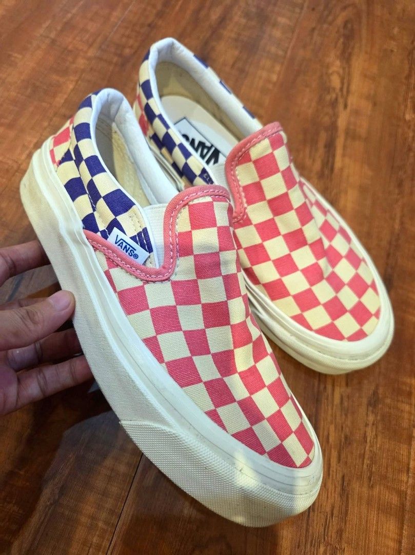 Vans Checkered Slip-On Pink Purple (Category: Sneakers) located in Manila. Submitted by mysticrabbit.284012 (Listing ID 1470147162, Image 1). Description: - Brand: Vans - Style: Checkerboard slip-ons - Colors: Pink (front) and Purple (back) - Sole: Classic rubber waffle sole with red 'Off The Wall' heel patch - Material: Clean canvas upper - Condition/Fit: Super easy to style, just slip on and go.