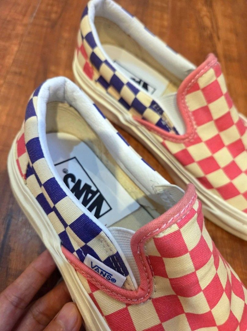 Vans Checkered Slip-On Pink Purple (Category: Sneakers) located in Manila. Submitted by mysticrabbit.284012 (Listing ID 1470147162, Image 2). Description: - Brand: Vans - Style: Checkerboard slip-ons - Colors: Pink (front) and Purple (back) - Sole: Classic rubber waffle sole with red 'Off The Wall' heel patch - Material: Clean canvas upper - Condition/Fit: Super easy to style, just slip on and go.