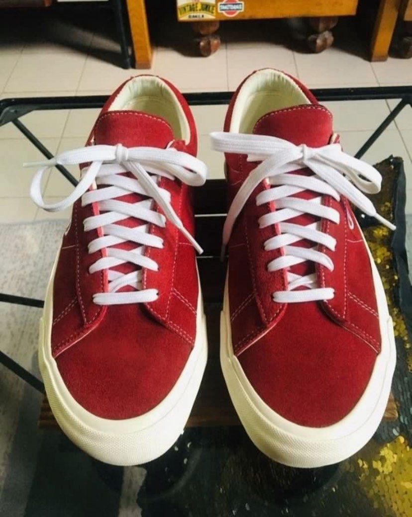 Vans Sid DX Anaheim (Category: Sneakers) located in Iba. Submitted by gotmethrift (Listing ID 1470295647, Image 3). Description: - Brand/Model: Vans Low Top Sneakers - Colorway: Red suede with white laces and chunky off-white soles - Details: Distinct round V logo embroidered on side panels, classic Off The Wall red rubber patch on heels - Condition: Clean uppers, crisp white outsoles with minimal wear - Style: Great everyday streetwear kicks.