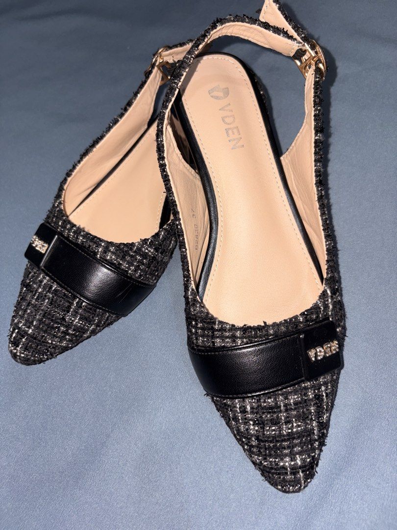 VDEN Black Tweed Slingback Heels Size 37 (Category: Heels) located in La Trinidad. Submitted by g00dfinds101 (Listing ID 1470189586, Image 3). Description: 📦 MOVING DAY SALE — NEED GONE ASAP! VDEN Black & White Tweed Slingback Heels • Size 37 • Pointed toe with low block heels • Black faux leather front strap • Crystal logo and adjustable buckle strap • No box included.