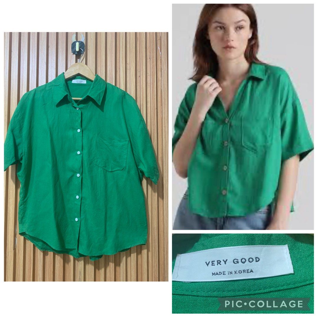 Very Good Green Short Sleeve Button Down Shirt (Category: Shirts) located in Koronadal. Submitted by girlish1105 (Listing ID 1470345712, Image 1). Description: - Brand: Very Good (Made in Korea) - Color: Bright, vibrant green - Style: Short sleeve button-down with classic collar - Fit: Relaxed fit with a convenient chest pocket - Versatility: Easy to style with casual jeans or shorts.