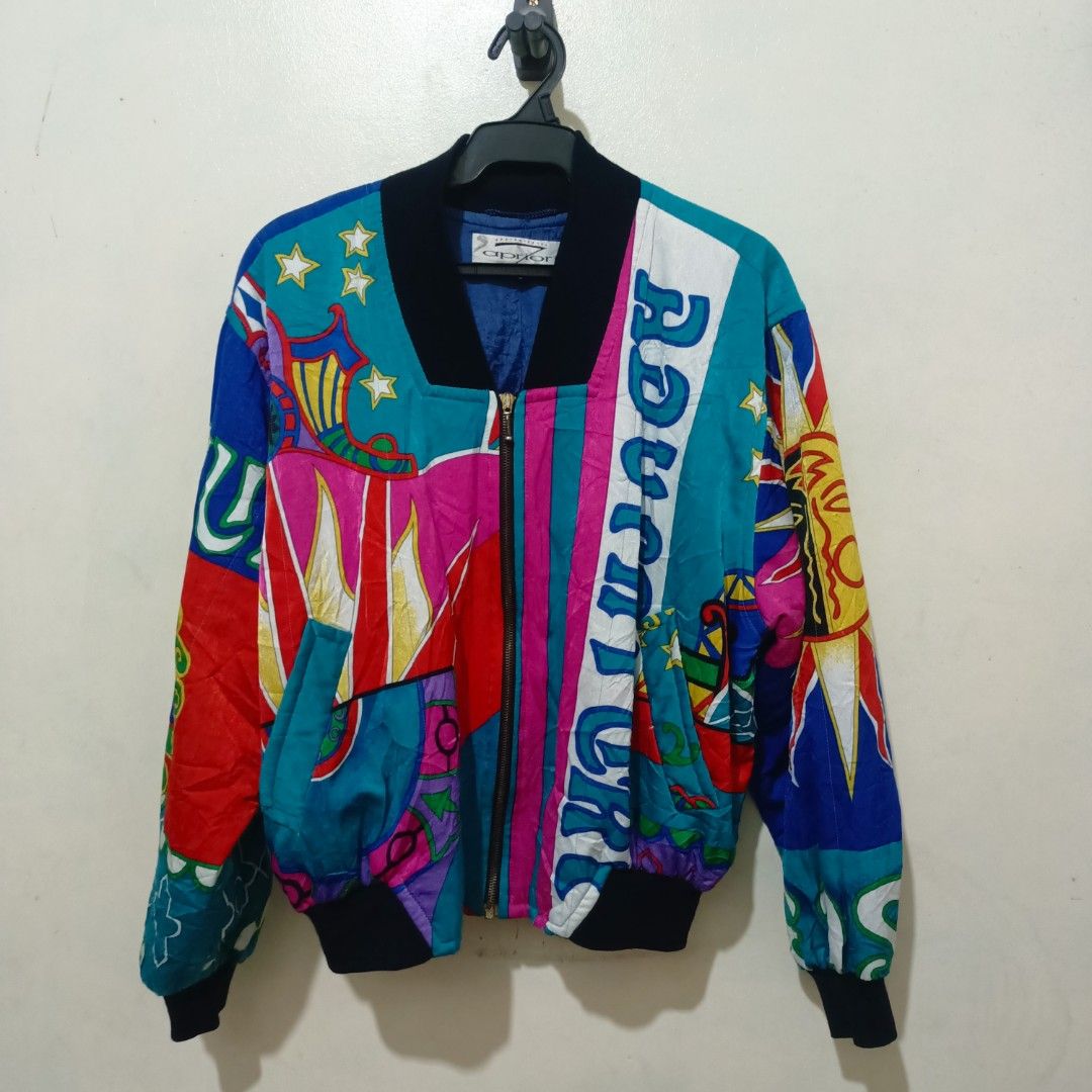 Vintage Apriori‑Sette Pop‑Art Bomber Jacket (Category: Coats, Jackets and Outerwear) located in Cavite. Submitted by kjthriftlabcorner (Listing ID 1470232545, Image 3). Description: Description: Pre‑loved colorful retro bomber jacket ✨ Bold pop‑art print, full zip‑up, soft lining. Good used condition, minor signs of wear. Unique statement piece for casual / OOTD!.