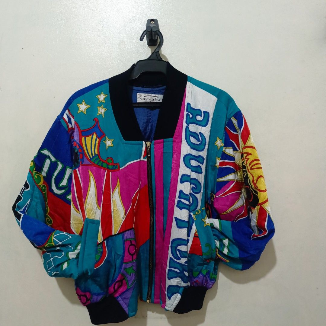 Vintage Apriori‑Sette Pop‑Art Bomber Jacket (Category: Coats, Jackets and Outerwear) located in Cavite. Submitted by kjthriftlabcorner (Listing ID 1470232545, Image 2). Description: Description: Pre‑loved colorful retro bomber jacket ✨ Bold pop‑art print, full zip‑up, soft lining. Good used condition, minor signs of wear. Unique statement piece for casual / OOTD!.