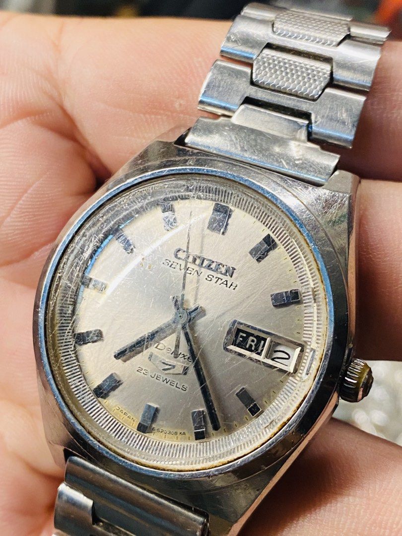 Vintage Citizen Seven Star Deluxe Automatic Watch (Category: Men's Watches) located in Bacolod City. Submitted by jeffreyhue19895 (Listing ID 1470266368, Image 2). Description: -Working & on time - Authentic vintage Citizen Seven Star Deluxe automatic watch from Japan - Silver dial with convenient day-date function at the 3 o'clock position - Reliable 23 jewels automatic movement - Stainless steel case - Condition notes: Heavy scratches on the cr