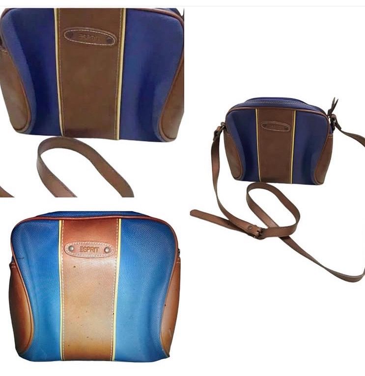 VINTAGE ESPRIT BROWN BLUE BAG (Category: Cross-body Bags) located in Marikina City. Submitted by minimalistmanila (Listing ID 1470275307, Image 2). Description: Vintage Esprit blue brown cross body bag from USA. Leather strap. Small to semi medium fit. Barely used and just kept in storage. Order now! #espritbag .