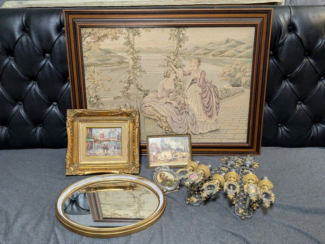 Vintage European/Victorian Display (Category: Vintage Collectibles) located in Makati City. Submitted by thepatentedmill.ph (Listing ID 1470344475, Image 2). Description: - Vintage European / Victorian Decor *Italian Framed Tapestry Ladies at Lake Como (Made in Italy) * Italian Oval Wall Mirror Rustic Gold Gilt Plastic Frame (Made in Italy) *Vintage Lancini Italy / Rococo-style wall Candle Sconces (Made in Italy) *Vintage Miniature Paris Street S