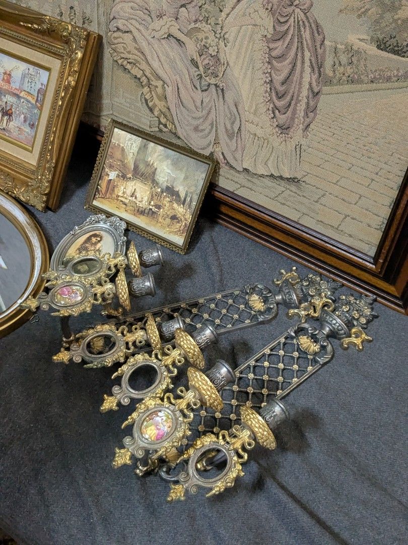 Vintage European/Victorian Display (Category: Vintage Collectibles) located in Makati City. Submitted by thepatentedmill.ph (Listing ID 1470344475, Image 3). Description: - Vintage European / Victorian Decor *Italian Framed Tapestry Ladies at Lake Como (Made in Italy) * Italian Oval Wall Mirror Rustic Gold Gilt Plastic Frame (Made in Italy) *Vintage Lancini Italy / Rococo-style wall Candle Sconces (Made in Italy) *Vintage Miniature Paris Street S
