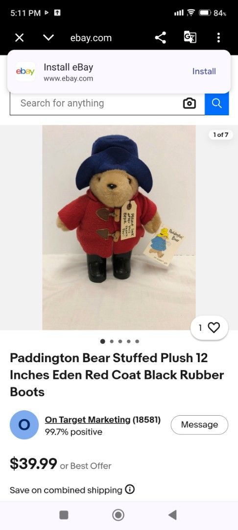 VINTAGE paddington bear plush toy (Category: Plushies & Soft Toys) located in Mandaluyong City. Submitted by LEATHERFACE (Listing ID 1470157616, Image 2). Description: - Official Eden Paddington Bear plush toy - Stands about 12 inches tall - Features movie-style red duffel coat with toggles, blue hat, and black rubber boots - Comes with the iconic 'Please look after this bear' luggage tag - Rare gold anniversary sticker attached to the hat - Made